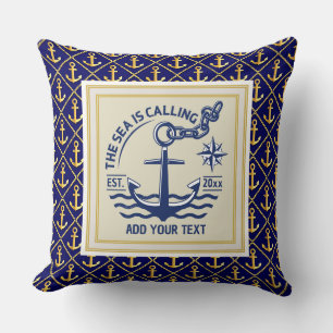 The Sea Is Calling Custom Name Anchor Navy Blue Cushion