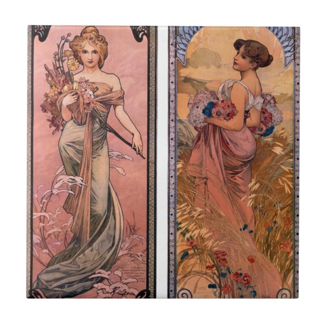 The seasons (Spring, Summer) by Alphonse Mucha Tile (Front)