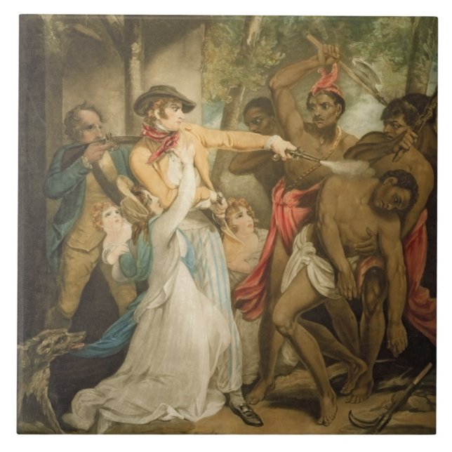 The Settling Family Attacked by Savages, engraved Tile (Front)