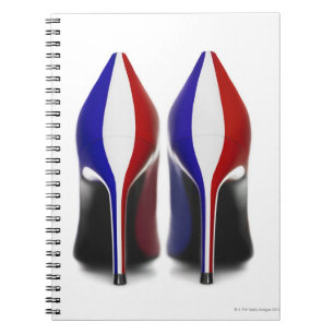 The shoes are women's high heeled shoes, also notebook