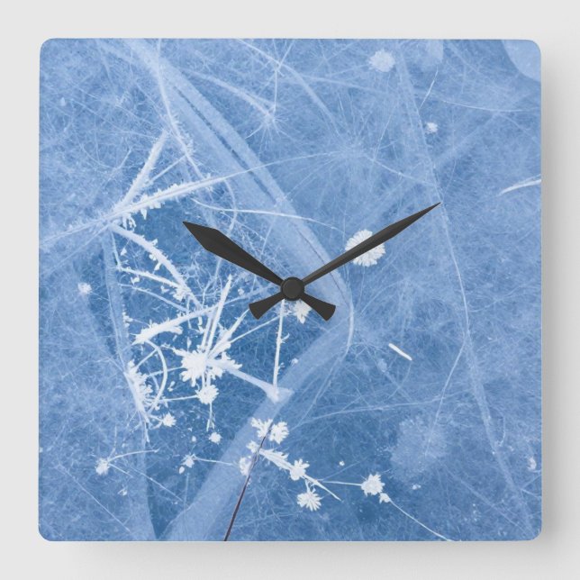 The Silent Bloom: Intricate Hoarfrost Crystals and Square Wall Clock (Front)