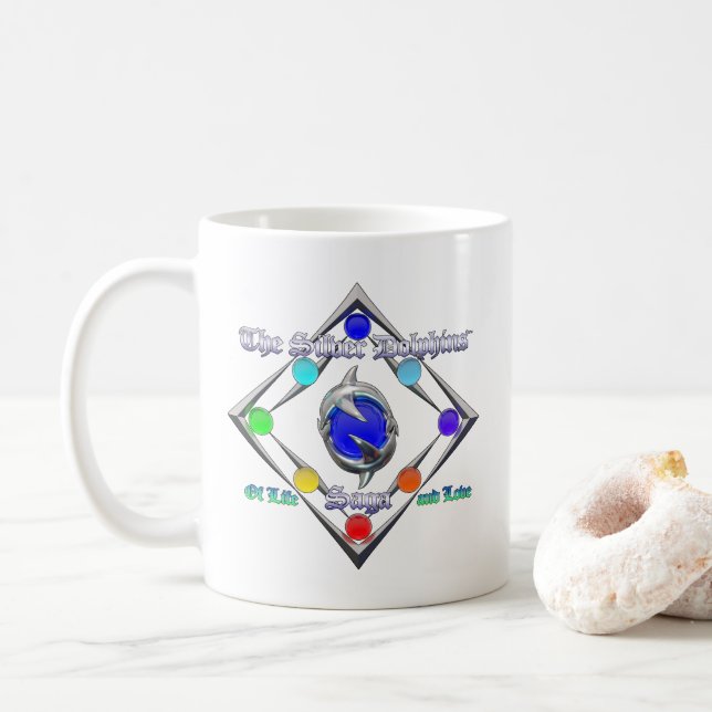 The Silver Dolphins Saga Of Life and Love Logo Coffee Mug (With Donut)