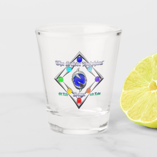 The Silver Dolphins Saga Of Life and Love Logo Shot Glass (Front)