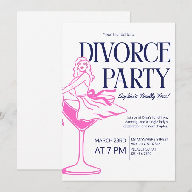 The Single Lady in a Martini Glass Divorce Party Invitation (Front/Back)
