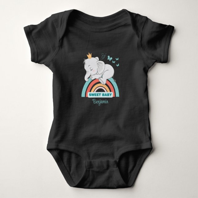 The Sleeping Elephant on Rainbow Personalised  Baby Bodysuit (Front)