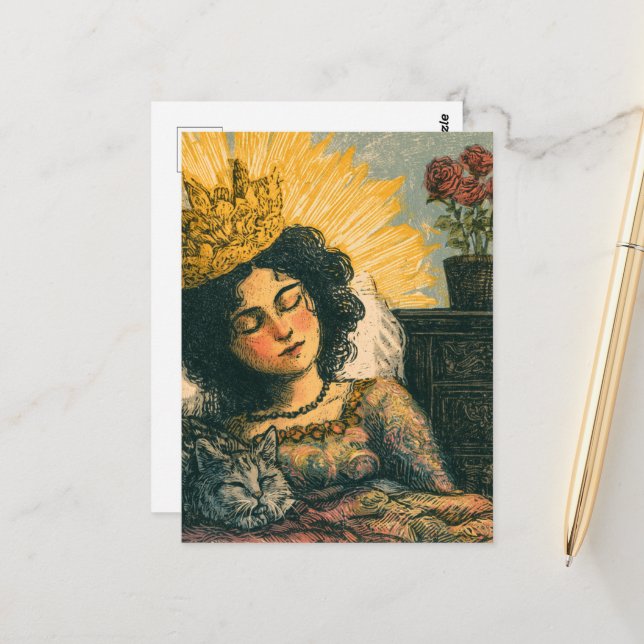 The Sleepy Queen and her Cat Postcard (Front/Back In Situ)