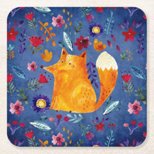 The Smart Fox in Flower Garden Square Paper Coaster
