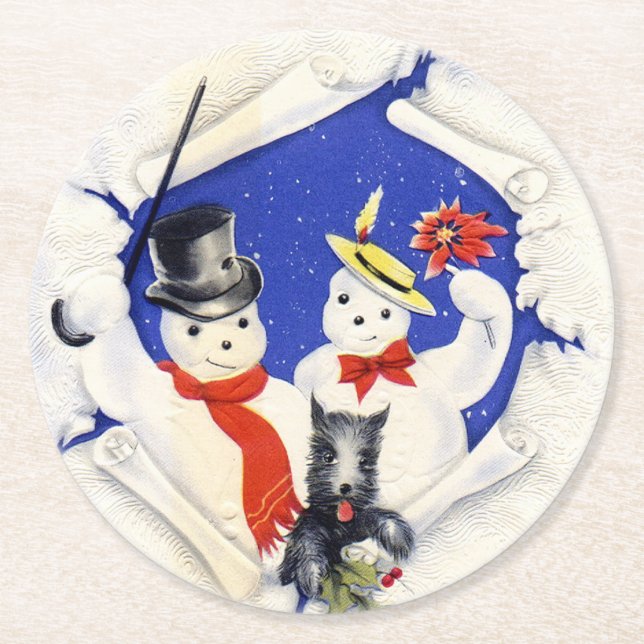 The Snow Family and Dog Christmas Round Paper Coaster (Front)