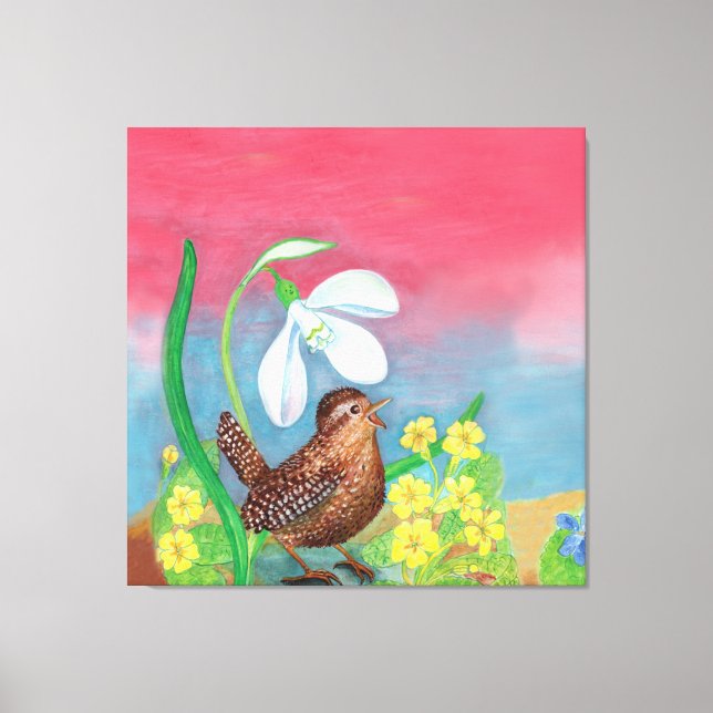 The snowdrop and the wren bird summon the spring  canvas print (Front)