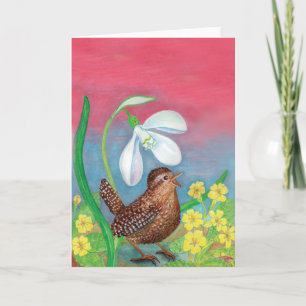 The snowdrop and the wren bird summon the spring card