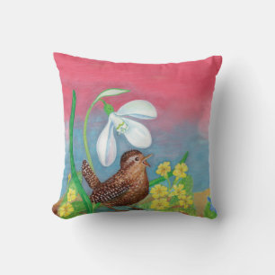 The snowdrop and the wren bird summon the spring cushion