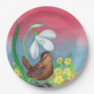 The snowdrop and the wren bird summon the spring  paper plate