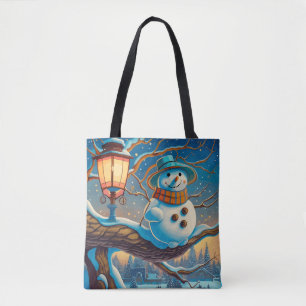The Snowman  next to the street lamp chrismas Tote Bag