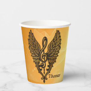 The soul of the melody, a golden clef with wings. paper cups