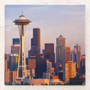 The Space Needle is a tower at dusk in Seattle Glass Coaster