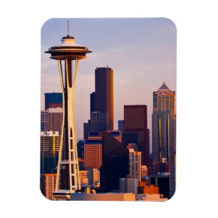 The Space Needle is a tower at dusk in Seattle Magnet