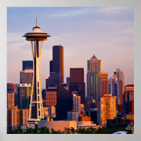 The Space Needle is a tower at dusk in Seattle