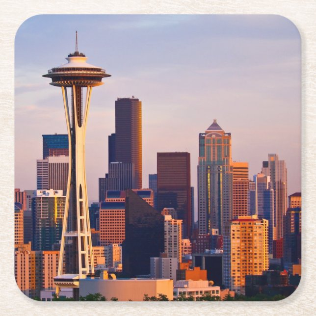 The Space Needle is a tower at dusk in Seattle Square Paper Coaster (Front)