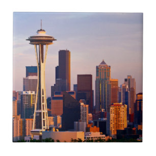 The Space Needle is a tower at dusk in Seattle Tile