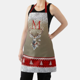 The Sparkle glittery red gray deer custom Monogram Apron