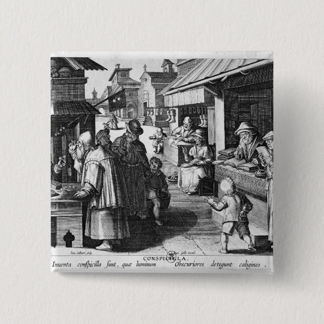 The Spectacles Seller, engraved by Jan Collaert 15 Cm Square Badge (Front)