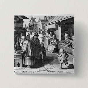 The Spectacles Seller, engraved by Jan Collaert 15 Cm Square Badge