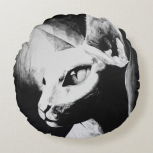 The Sphynx Cat Feline Black & White Original Art Round Cushion