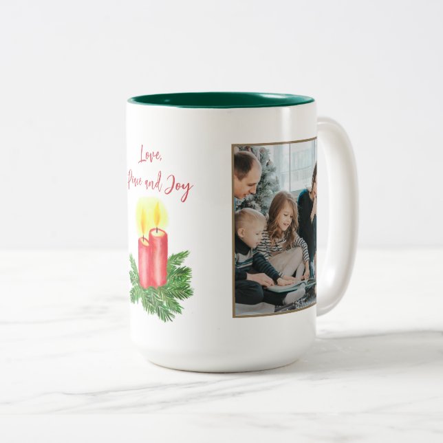 The Spirt of Christmas Love Peace & Joy 2 Photo Two-Tone Coffee Mug (Front Right)