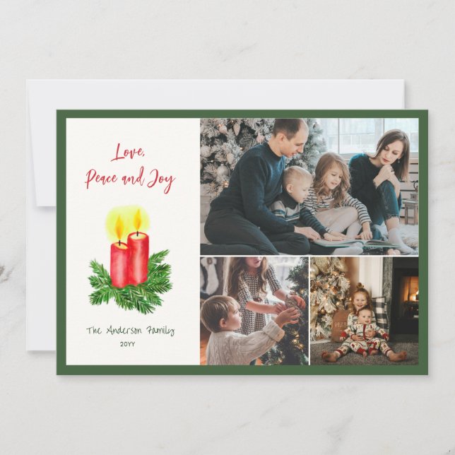 The Spirt of Christmas Love Peace & Joy 3 Photo Holiday Card (Front)