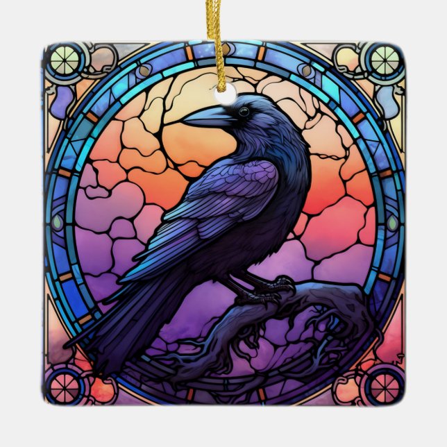 The Spooky Raven Stained Glass Ceramic Ornament (Front)