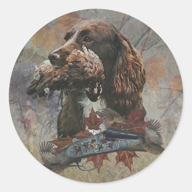 The Sprocker Spaniel , Gun dog art      Classic Round Sticker (Front)