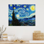 The Starry Night by Vincent Van Gogh  Poster<br><div class="desc">The painting is dominated by a moon- and star-filled night sky. It takes up three-quarters of the picture plane and appears turbulent, even agitated, with intensely swirling patterns that seem to roll across its surface like waves. It is pocked with bright orbs—including the crescent moon to the far right, and...</div>