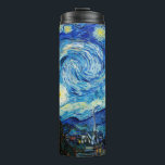 The Starry Night by Vincent Van Gogh  Thermal Tumbler<br><div class="desc">The painting is dominated by a moon- and star-filled night sky. It takes up three-quarters of the picture plane and appears turbulent, even agitated, with intensely swirling patterns that seem to roll across its surface like waves. It is pocked with bright orbs—including the crescent moon to the far right, and...</div>