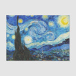 The Starry Night by Vincent Van Gogh  Tissue Paper<br><div class="desc">The painting is dominated by a moon- and star-filled night sky. It takes up three-quarters of the picture plane and appears turbulent, even agitated, with intensely swirling patterns that seem to roll across its surface like waves. It is pocked with bright orbs—including the crescent moon to the far right, and...</div>