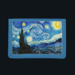The Starry Night by Vincent Van Gogh  Trifold Wallet<br><div class="desc">The painting is dominated by a moon- and star-filled night sky. It takes up three-quarters of the picture plane and appears turbulent, even agitated, with intensely swirling patterns that seem to roll across its surface like waves. It is pocked with bright orbs—including the crescent moon to the far right, and...</div>