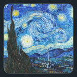 The Starry Night Vincent Van Gogh landscape art Square Sticker<br><div class="desc">The Starry Night (1889), an Impressionist painting by Vincent Van Gogh, is featured on this Van Gogh stationery paper sticker. One of the most famous oil paintings by Dutch Post-Impressionist artist Vincent van Gogh is titled "The Starry Night." Vincent van Gogh, a Dutch Post-Impressionist painter, created "The Starry Night" as...</div>