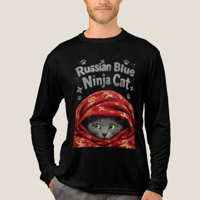 The Stealthy & Starchy: Russian Blue Ninja Cat Tri-Blend Shirt (Front)