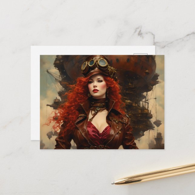 The Steampunk Woman Postcard (Front/Back In Situ)