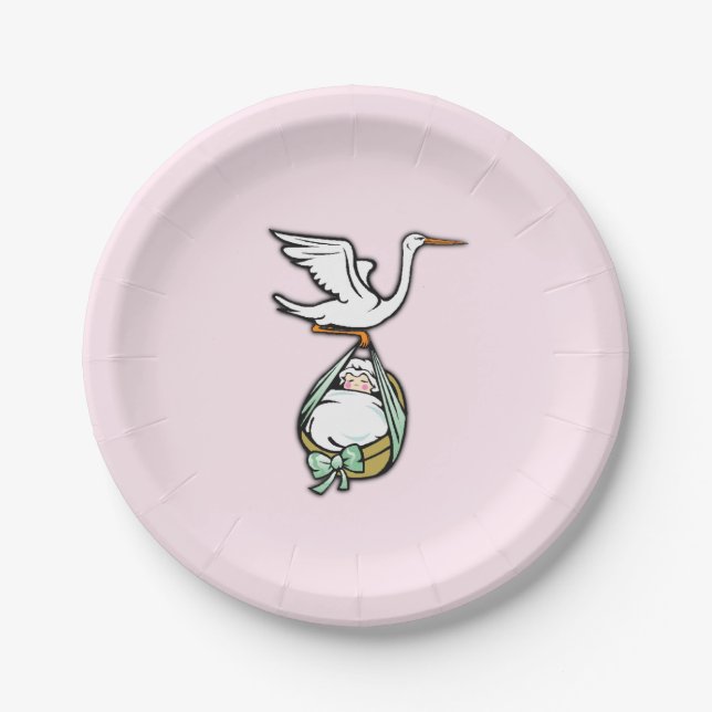 The Stork Carries a Baby Girl Paper Plate (Front)