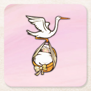 The Stork Carries a Baby Girl Square Paper Coaster