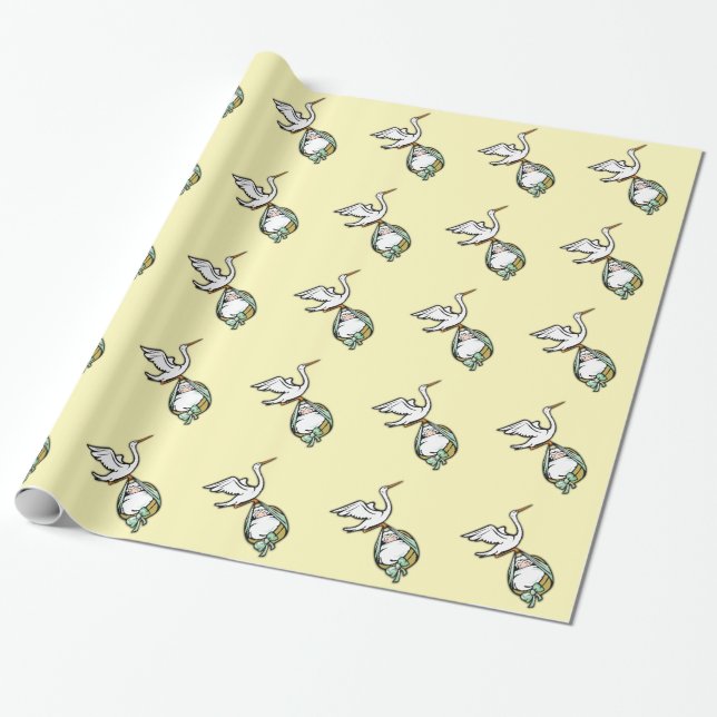The Stork Carries a Baby Yellow Wrapping Paper (Unrolled)