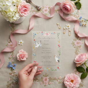 The Stork Heirloom Rose & Ribbon Baby Shower Acrylic Invitations