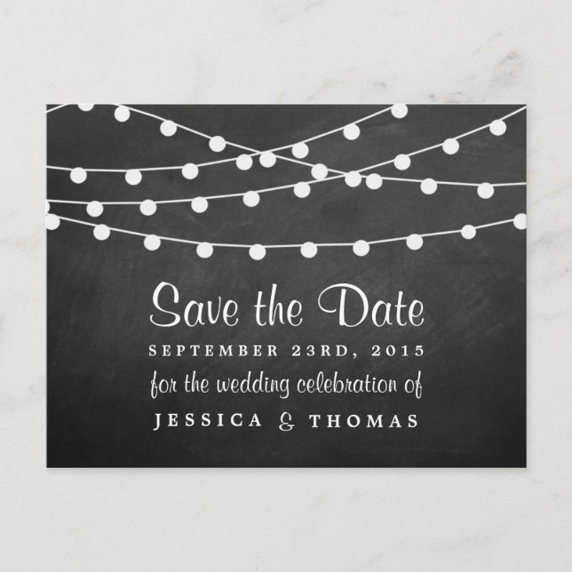 The String Lights On Chalkboard Wedding Collection Announcement Postcard (Front)