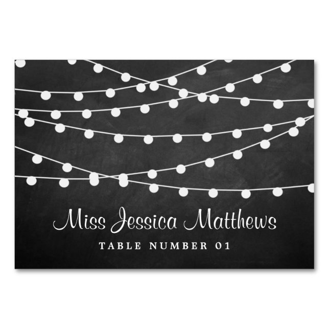 The String Lights On Chalkboard Wedding Collection Table Number (Front)