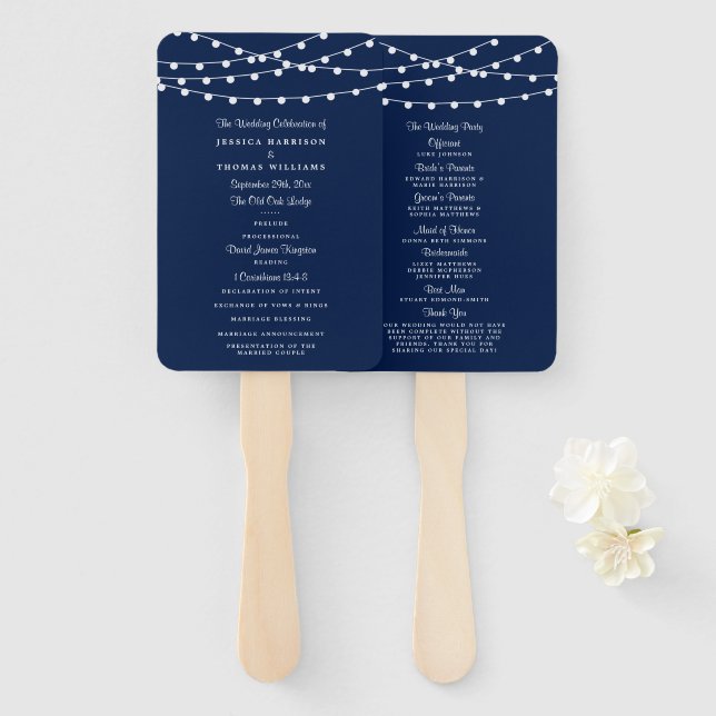 The String Lights On Navy Blue Wedding Collection Hand Fan (Front and Back)