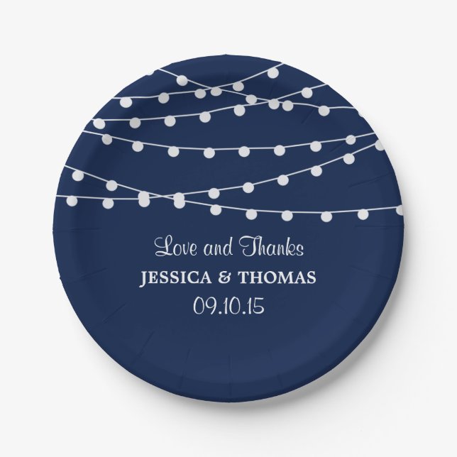 The String Lights On Navy Blue Wedding Collection Paper Plate (Front)