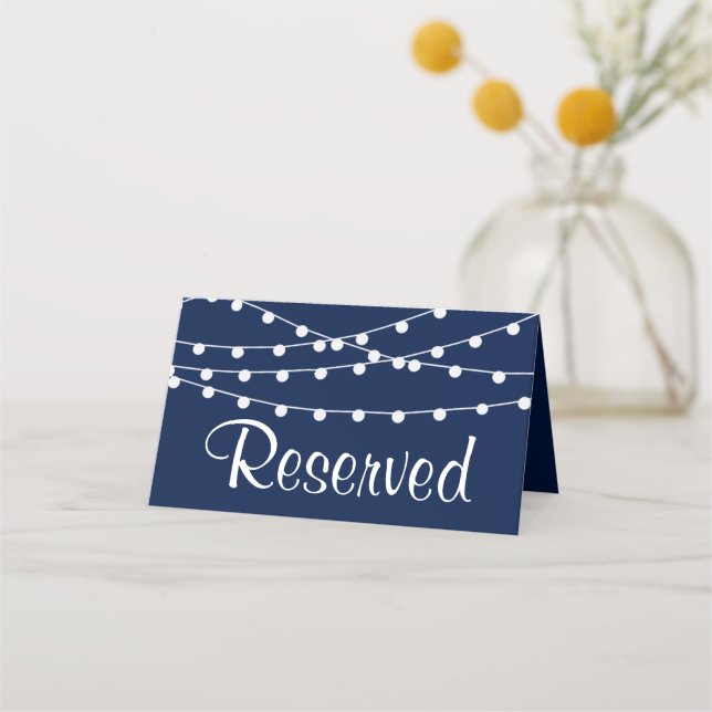The String Lights On Navy Blue Wedding Collection Place Card (Front)