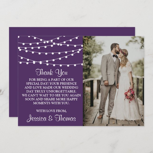 The String Lights On Purple Wedding Collection Thank You Card (Front/Back)