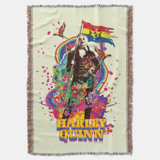 The Suicide Squad | Harley Quinn Flowers & Rainbow Throw Blanket (Front Vertical)