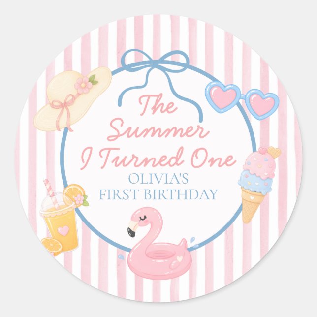The Summer I Turned One First Birthday Classic Round Sticker (Front)